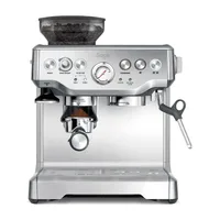 Sage Barista Express BES875 paslanmaz çelik espresso makinesi, üstteki çekirdek haznesi ve basınç göstergesiyle ürün fotoğrafı