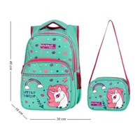 Waddell Little Horse 3003 su yeşili ilkokul sırt çantası ve aynı desenli beslenme çantası, ölçüleriyle ürün fotoğrafı