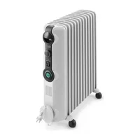 DeLonghi Radia S Comfort TRRS1225C beyaz 12 dilimli yağlı radyatör, kontrol paneli ve tekerlekleriyle ürün fotoğrafı
