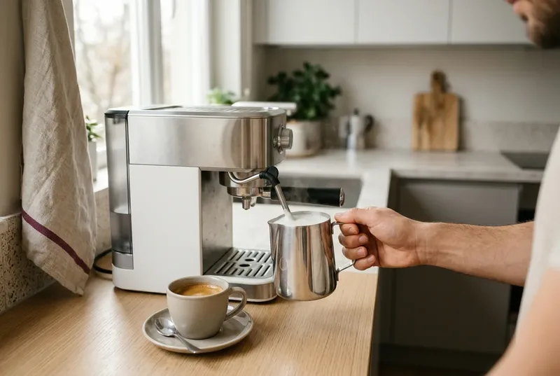 Markasız bir ev tipi espresso makinesinin buhar çubuğuyla çelik süt potunda süt köpürten el, yanında espresso fincanı