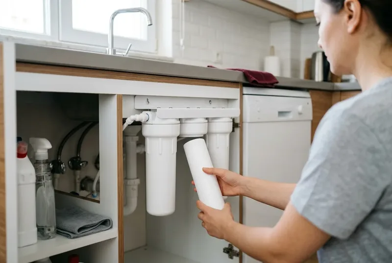 Lavabo altındaki tezgah altı bir arıtma sisteminde filtre değişimi, temsili görsel