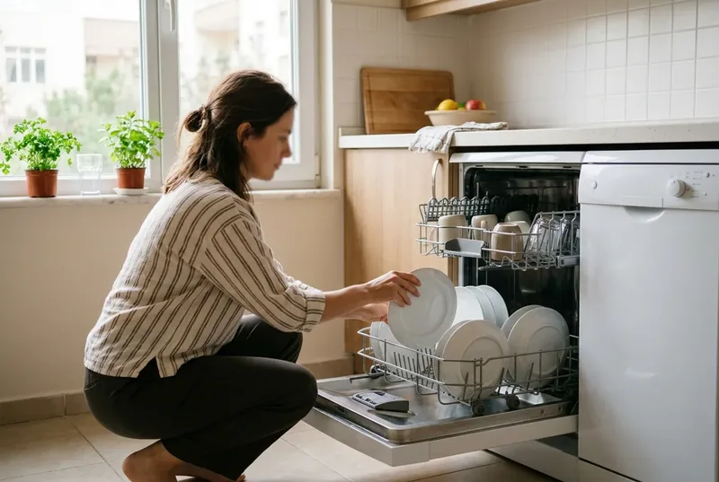 Aydınlık mutfakta açık kapaklı beyaz solo bulaşık makinesinin alt sepetine tabak yerleştiren bir kişi, temsili görsel