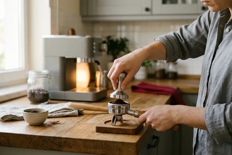Mutfak tezgâhında portafiltredeki öğütülmüş kahveyi çelik bir bastırıcıyla sıkıştıran eller, arkada markasız espresso makinesi