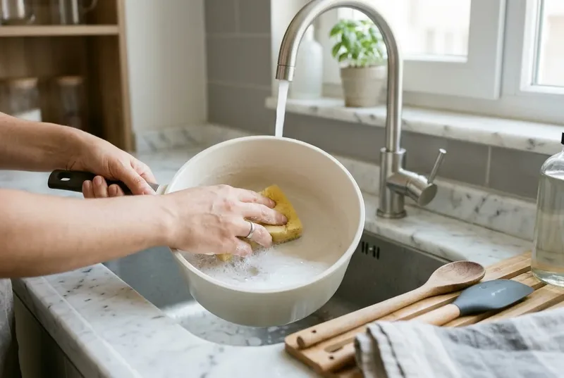 Krem renkli yapışmaz kaplamalı tencerenin içi lavaboda yumuşak süngerle elde yıkanıyor; yanda ahşap kaşık ve silikon spatula