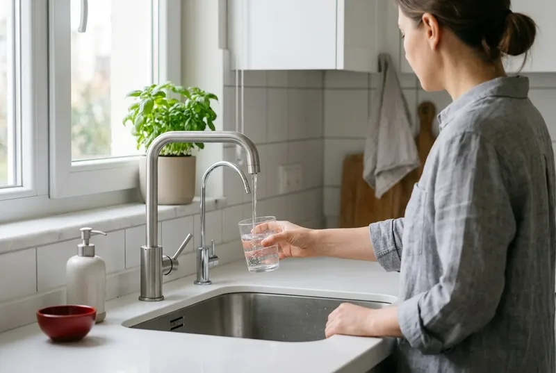 Aydınlık bir mutfakta lavabo başında bardağa su dolduran bir kadın; bataryanın yanında ince arıtma musluğu, temsili görsel