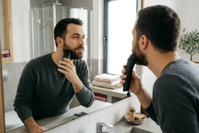 Banyo aynası karşısında kablosuz sakal düzeltme makinesiyle yanak hattını düzelten sakallı adam